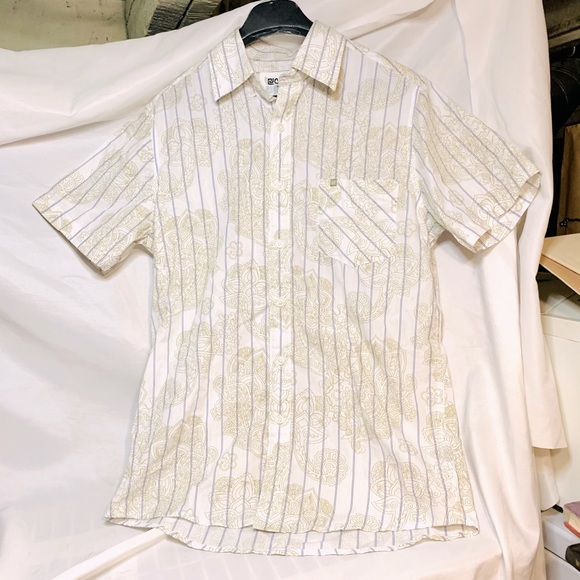 Men’s SzSmall “CARBON” white/gold paisley print/blue pin stripe button down tee - Picture 1 of 5